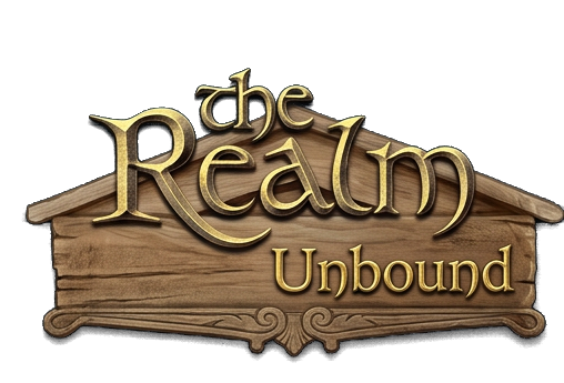 The Realm Unbound, carved in gold on a wooden sign