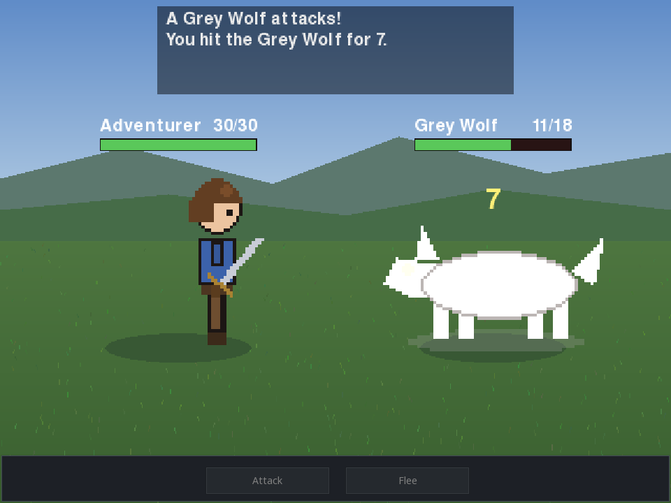 A turn-based battle against a wolf