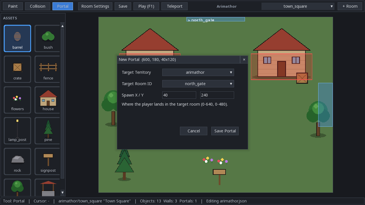 The room builder: an asset palette on the left, the town square in the middle, and a new doorway being linked to another room