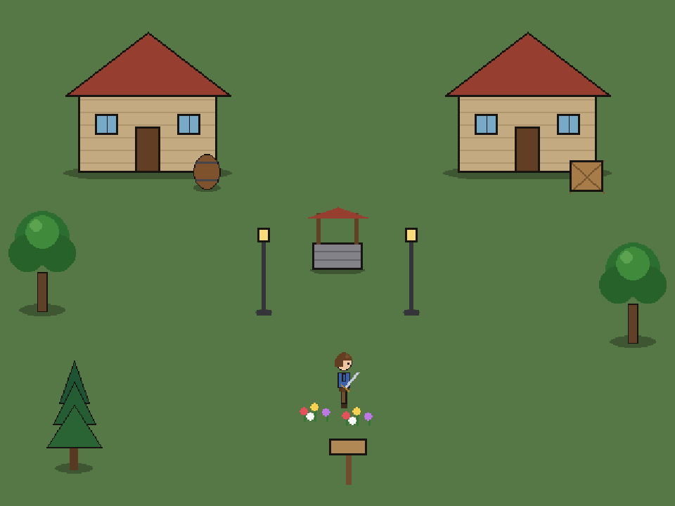 The town square of Arimathor: two cottages, a stone well, lamp posts and the hero walking past flowers